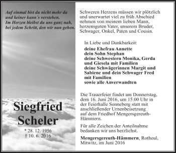 Traueranzeige von Siegfried Scheler von Südthüringer Presse