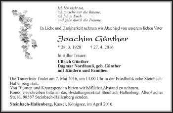 Traueranzeige von Joachim Günther von Südthüringer Presse
