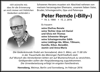 Traueranzeige von Peter Remde von Südthüringer Presse