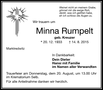 Traueranzeige von Minna Rumpelt von Frankenpost