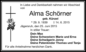 Traueranzeige von Alma Schörner von Frankenpost