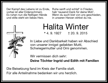 Traueranzeige von Halita Winter von Frankenpost