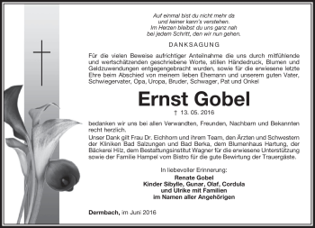 Traueranzeige von Ernst Gobel von Südthüringer Presse