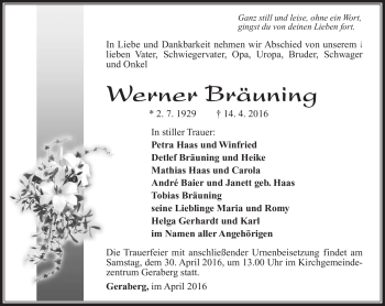 Traueranzeige von Werner Bräuning von Südthüringer Presse