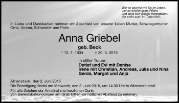 Traueranzeige von Anna Griebel von Neue Presse Coburg