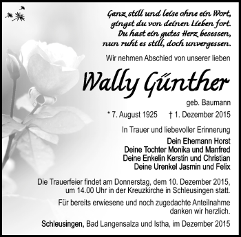 Traueranzeige von Wally Günther von Südthüringer Presse