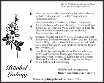 Traueranzeige von Bärbel Ludwig von Südthüringer Presse