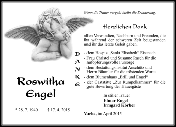 Traueranzeige von Roswitha Engel von Südthüringer Presse