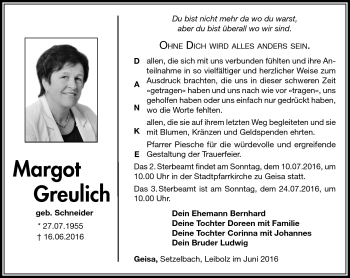 Traueranzeige von Margot Greulich von Südthüringer Presse