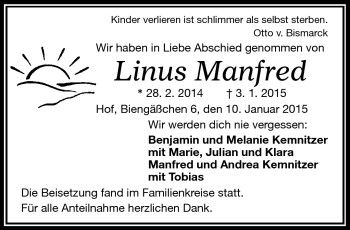 Traueranzeige von Linus Manfred  von Frankenpost