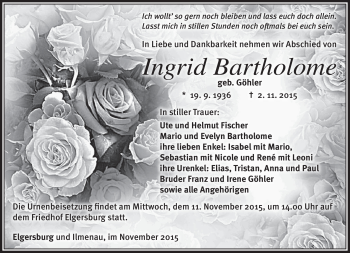 Traueranzeige von Ingrid Bartholome von Südthüringer Presse
