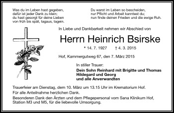 Traueranzeige von Heinrich Bsirske von Frankenpost