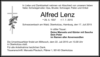 Traueranzeige von Alfred Lenz von Frankenpost