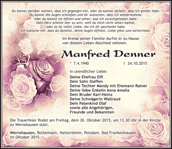 Traueranzeige von Manfred Denner von Südthüringer Presse