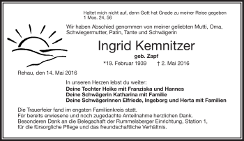 Traueranzeige von Ingrid Kemnitzer von Frankenpost