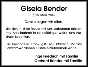 Traueranzeige von Gisela Bender von Neue Presse Coburg