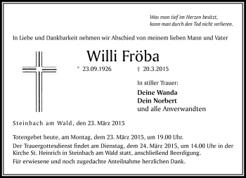 Traueranzeige von Willi Fröba von Neue Presse Coburg