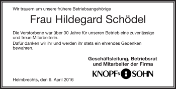 Traueranzeige von Hildegard Schödel von Frankenpost