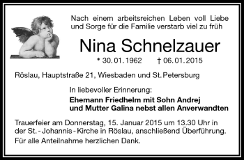 Traueranzeige von Nina Schnelzauer von Frankenpost