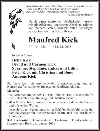 Traueranzeige von Manfred Kick von Südthüringer Presse