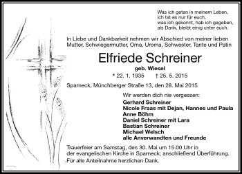 Traueranzeige von Elfriede Schreiner von Frankenpost