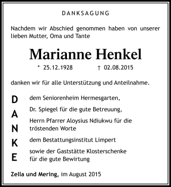 Traueranzeige von Marianne Henkel von Südthüringer Presse