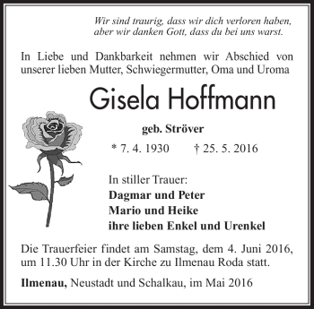 Traueranzeige von Gisela Hoffmann von Südthüringer Presse