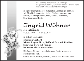 Traueranzeige von Ingrid Wöhner von Südthüringer Presse