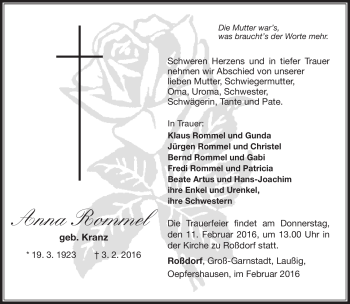Traueranzeige von Anna Rommel von Südthüringer Presse
