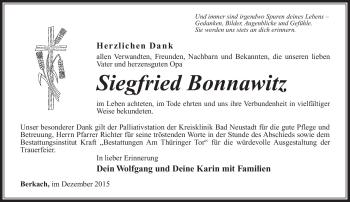Traueranzeige von Siegfried Bonnawitz von Südthüringer Presse