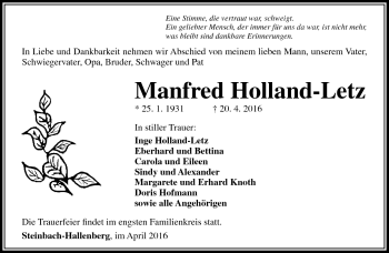 Traueranzeige von Manfred Holland-Letz von Südthüringer Presse