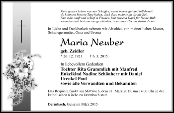 Traueranzeige von Maria Neuber von Südthüringer Presse