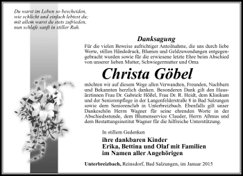 Traueranzeige von Christ Göbel von Südthüringer Presse