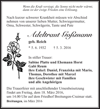 Traueranzeige von Adeltraut Goßmann von Südthüringer Presse