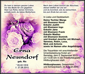 Traueranzeige von Erna Neundorf von Südthüringer Presse