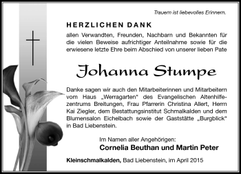 Traueranzeige von Johanna Stumpe von Südthüringer Presse