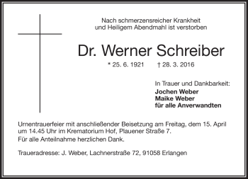 Traueranzeige von Werner Schreiber von Frankenpost