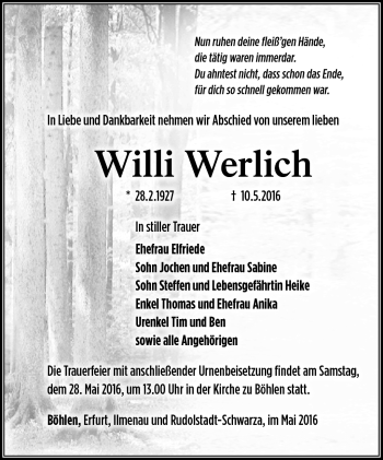 Traueranzeige von Willi Werlich von Südthüringer Presse