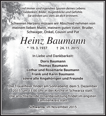 Traueranzeige von Heinz Baumann von Südthüringer Presse