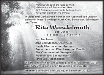Traueranzeige von Rita Wendelmuth von Südthüringer Presse