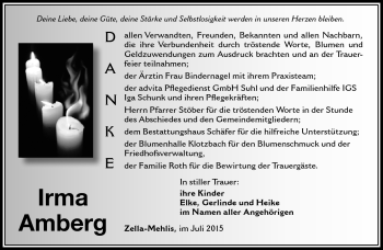Traueranzeige von Irma Amberg von Südthüringer Presse