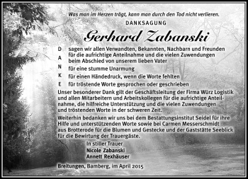 Traueranzeige von Gerhard Zabanski von Südthüringer Presse