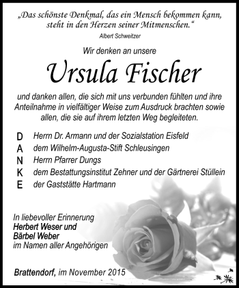 Traueranzeige von Ursula Fischer von Südthüringer Presse