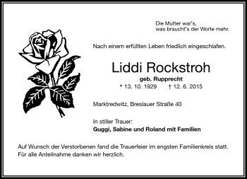 Traueranzeige von Liddi Rockstroh von Frankenpost