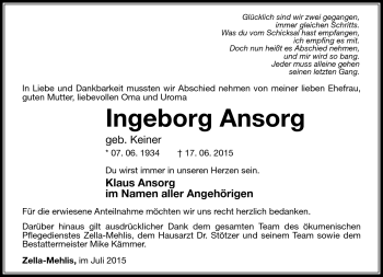 Traueranzeige von Ingeborg Ansorg von Südthüringer Presse