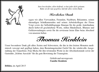 Traueranzeige von Thomas Henklein von Südthüringer Presse