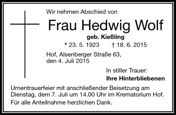 Traueranzeige von Hedwig Wolf von Frankenpost