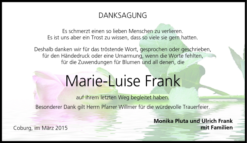  Traueranzeige für Marie Luise Frank vom 28.03.2015 aus Neue Presse Coburg