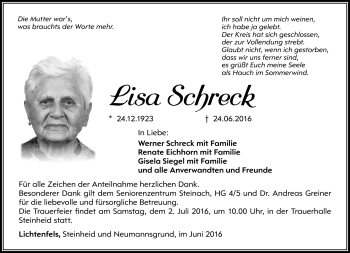 Traueranzeige von Lisa Schreck von Südthüringer Presse