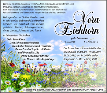 Traueranzeige von Vera Eichhorn von Südthüringer Presse